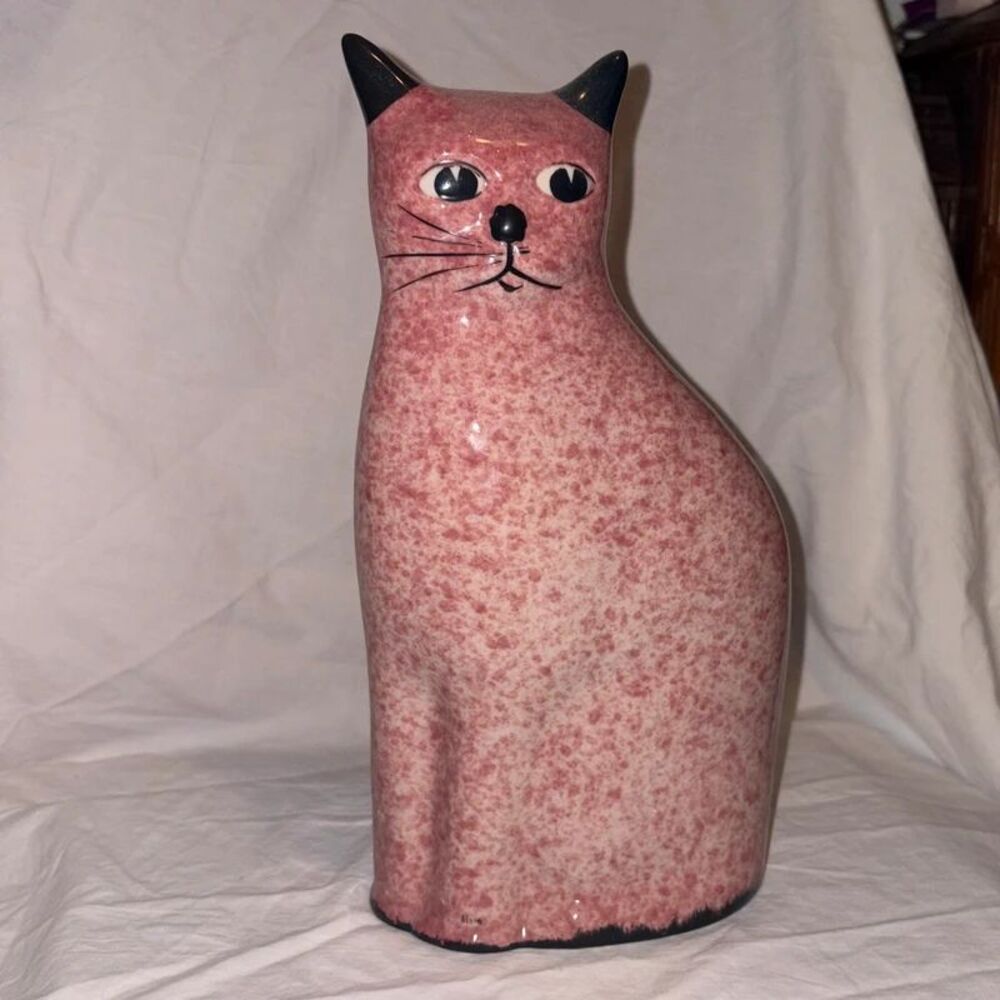 Vintage Pink Ceramic Sponge Painted Cat 10 in Figurine Statue Kitty Lover Gift